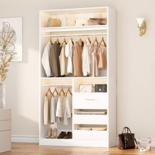 Aheaplus 36'' W Freestanding Walk-in Closet Organizer System with 2 Hanging Rods and 3 Wood Drawers - White