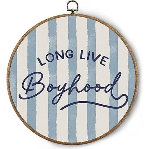 BitKAM Boy Nursery Round Wall Art Decor, Long Live Boyhood Canvas Prints Framed, Retro Blue Wall Hanging Decorations for Kids Boys Nursery Bedroom Playroom, 10x10 Inch Wall Home Décor Products