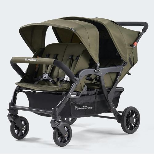 Familidoo H4E Quad Lidoo Lite 4-Seater Stroller Wagon for Kids, Lightweight & Foldable with Reclining Seats, 5-Point Harness, Double Canopy & Rain Cover (Olive)