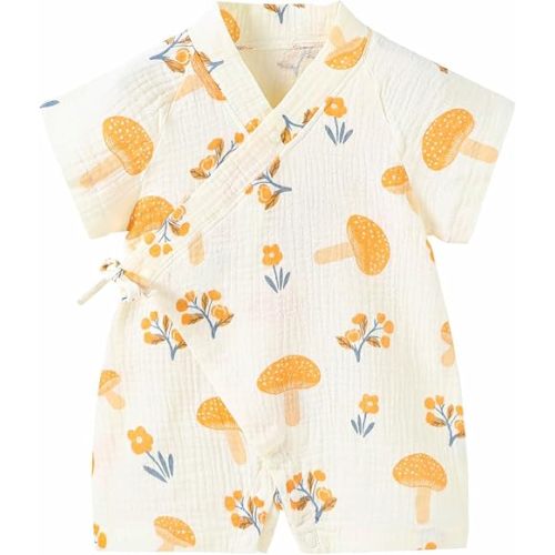 PAUBOLI Newborn Muslin Robe Baby Kimono Onesie Infant Cotton Romper, Size 3-6M
