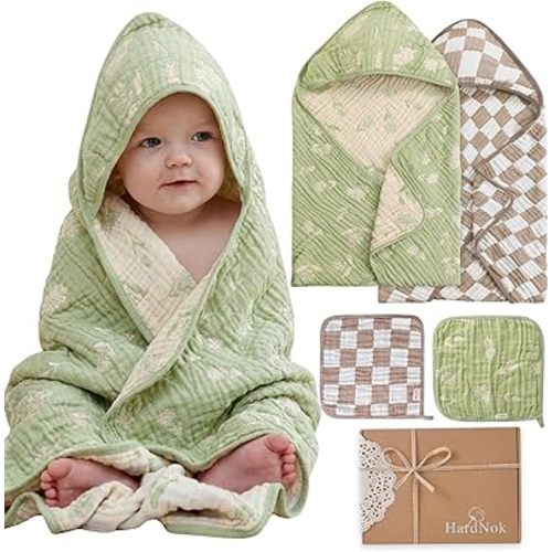 Muslin Baby Towel Set, 4-Piece Newborn Gift with 2 Bath & 2 Washcloths, Baby Shower Ready, Earthy Botanicals Theme 32" X 32"