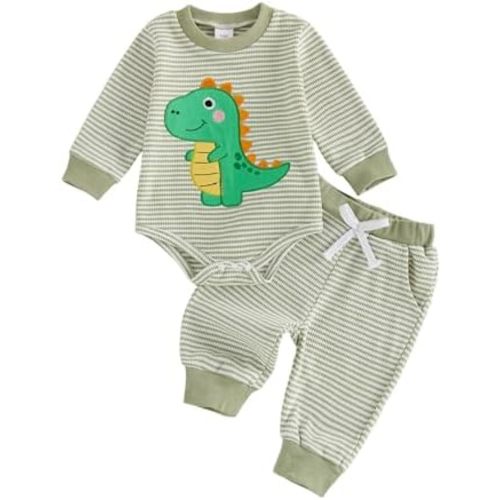 Baby boy Clothes Dinosaur Outfit Waffle Knit Romper Pants Set