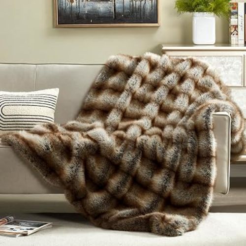 JONIYEAR High-end Long Pile Fluffy Faux Bear Fur Throw Blanket 50" x 60",Luxury Soft Double Sided Cozy Accent Wolf Fuzzy Blanket for Couch Sofa,Warm Animal Skin Furry Blankets for Winter,Reddish Brown