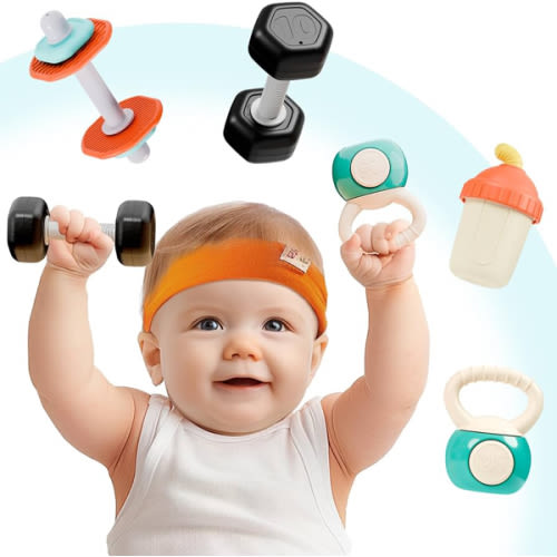 iPlay, iLearn Baby First Gym Rattle Set, Infant Dumbbell Weights Teething Rattles 3-6-12 Month, Newborn Workout Sensory Stroller Toy, Babies Birthday Shower Gift 5 7 8 9 10 Month Toddler Boy Girl-4PCS