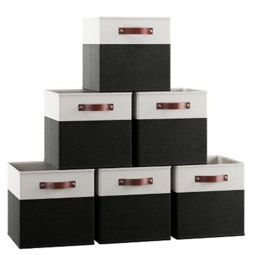 Ornavo Home 6 Pack Linen Fabric Storage Cube Bin with Faux Leather Handles