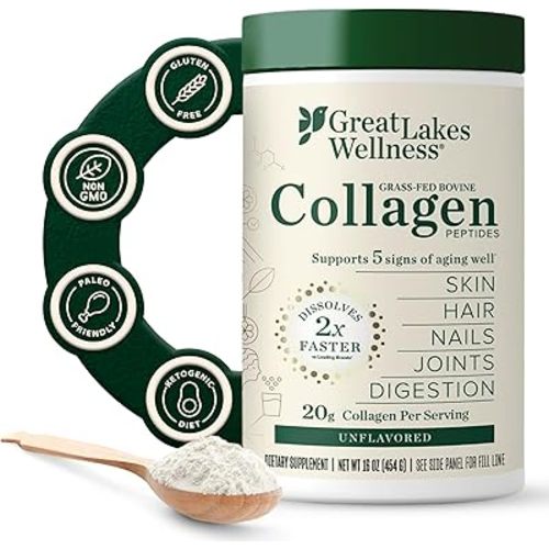Great Lakes Wellness Collagen Peptides Powder – Supports Skin, Hair, Nails, Joints & Digestion – Hydrolyzed, Quick Dissolve, Non-GMO, Keto & Kosher – Pure Collagen Protein (16 oz, 22 Servings)