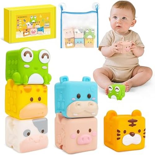 Animal Soft Baby Blocks,Silicone Squeeze Building Blocks Stacking Toys for 6+ Months Babies,Early Learning Touch Education Toys with Numbers Animals Fruits Texture Baby Gifts Easter Basket