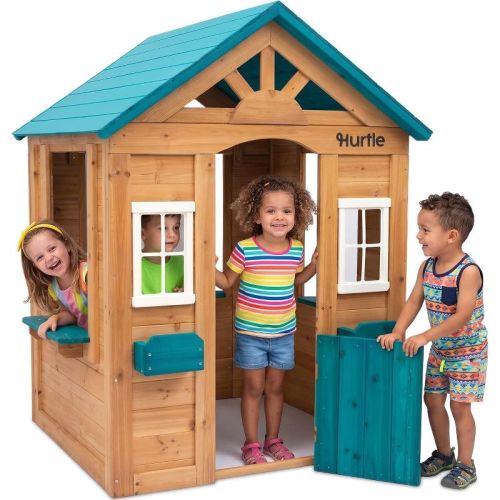 Hurtle Wooden Outdoor Playhouse with Snack Window, Flower Box & Wide Windows, Backyard Play House