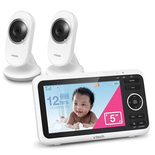 VTech [Upgraded] VM350-2 Baby Monitor, 5" Screen,2 Cameras,1000ft Range, Night Vision, 2-Way Audio, Lullabies, Secure Transmission No WiFi