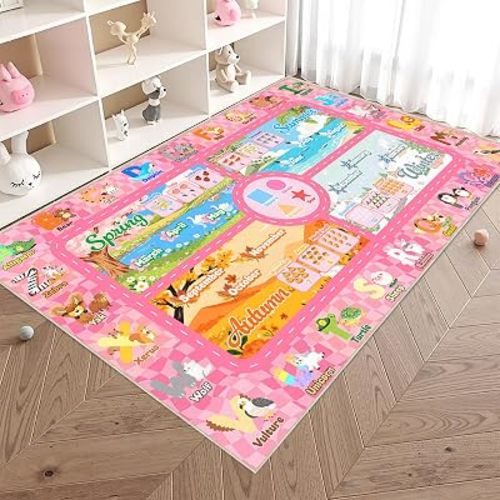 Kids Playroom Rug 4' x 6'- Educational Alphabet ABC Mat with Animals,Seasons & Numbers | Pink Classroom Rug & Playroom Essential Fun Play Mat Washable Kids Area Rug for Girls Bedroom