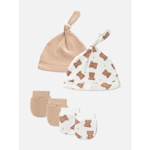 2pk Newborn Teddy Bear Hat and Mittens Set