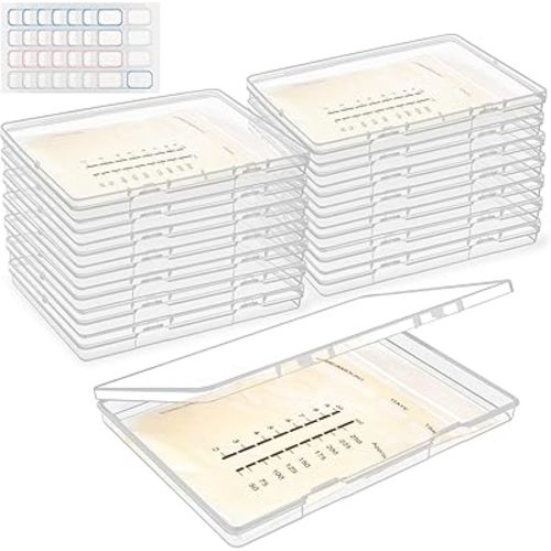 12 Pcs Clear Flat Breast Milk Freezer Storage Organizer, Space Saving Breastmilk Tray Breastfeeding Bag Containers with 48pcs Small Labels