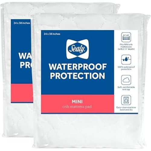 Sealy Baby Mini Fitted Waterproof Infant Portable Crib Mattress Protector Pad Cover, Durable and Comfortable Topper for Newborns and Toddlers, Machine Washable and Dryer Friendly, 38” x 24”- White