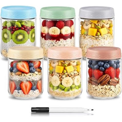 DRKIO 16 Oz Glass Overnight Oats Containers with Lids Chia Pudding Jars