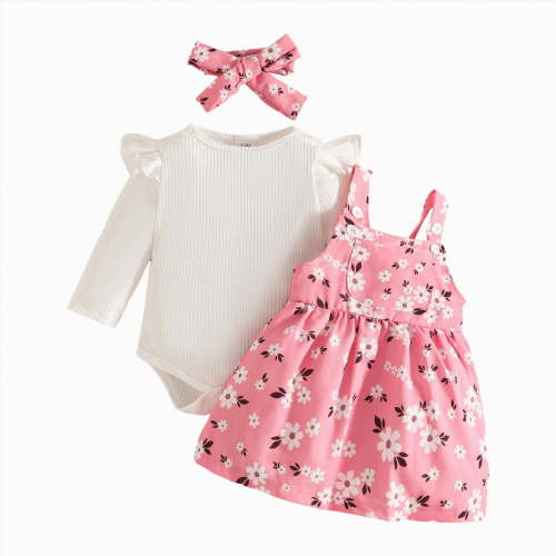 CAICJ98 Baby Girl Clothes Suspender Skirt Long Sleeve Newborn Ruffled Romper Baby Girl Dress Fall Outfits Infant Girls Gifts Pink,Size 0-3 Months