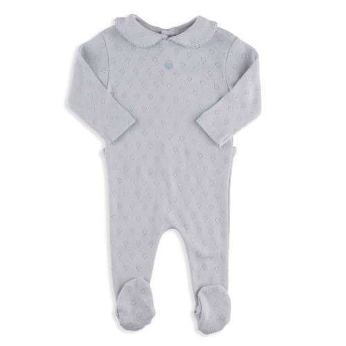 Bebe Sea Blue Pointelle Heart Collared Footed Onesie 3M