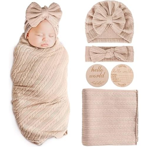 Newborn Receiving Blanket with Bow Hat Headband Wooden Card Set Wheat-Pattern Newborns Toddler Baby Boy Girl Nursery Swaddle Wrap