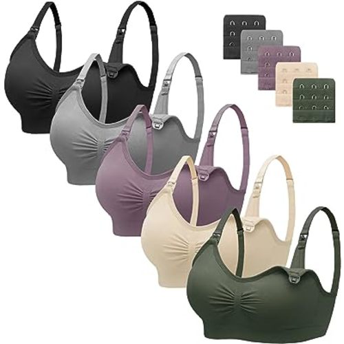 Angelhood Nursing Bra 5 Pack Womens Maternity Breastfeeding Bra Seamless Wireless Sleep Bra with Bra Extenders