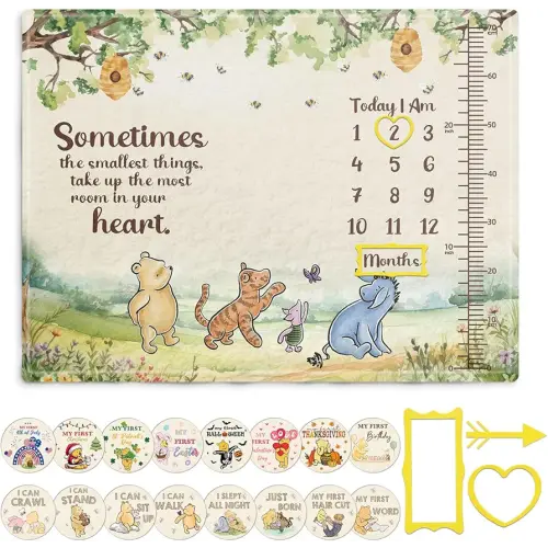 The Pooh Baby Monthly Milestone Blanket, Winnie Monthly Blanket Growth Chart, Winnie Quotes Decor with Double-Sided Printed Cardstock（16 Unforgettable Moments of Babies） 30 * 40in