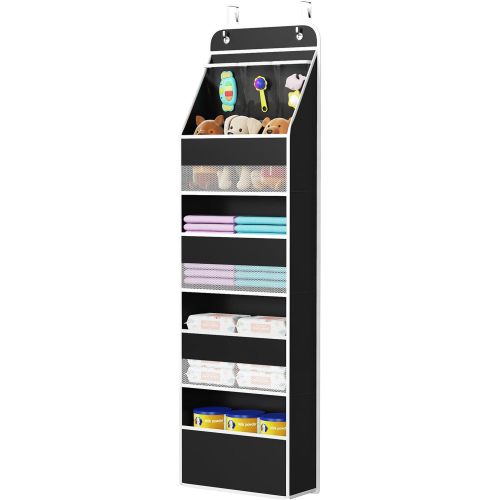 Univivi 5-Shelf Fabric Door Storage Over Door Hanging Organizer with 4 Large Pockets and 3 Small PVC Pockets Nursery Closet Cabinet Wall Mount Hanging Storage Organizers for Baby Nursery (Black)