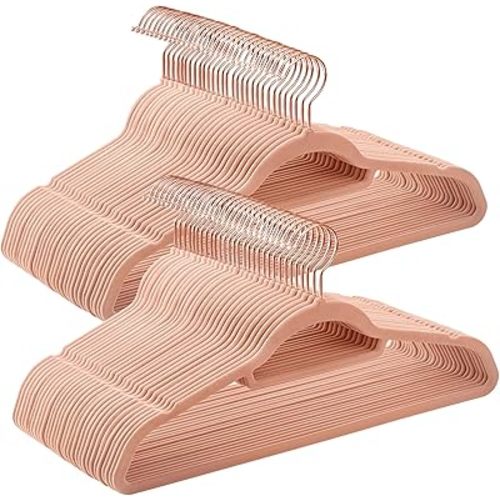 SONGMICS Velvet Hangers, Set of 60 Clothes Hanger with Rose Gold Swivel Hook, Non-Slip, and Space-Saving, 0.2-Inch Thick, 17.1-Inch Long for Coat, Shirt, Dress, Pants, Tie, Coral Pink UCRF0021R01