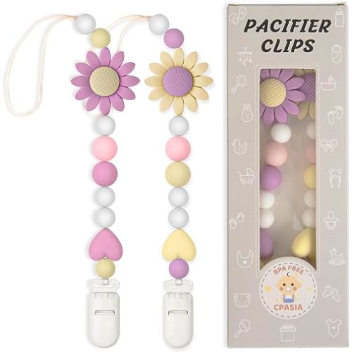 Pacifier Clip, 2 Pack Silicone Pacifier Clips for Newborn Boys and Girls, Adorable Sunflower Pacifier Holder Fits for Most Pacifier, Baby Shower and Baby Gift