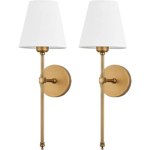Bsmathom Wall Sconces Sets of 2, Hardwired Classic Brushed Brass Sconces Wall Lighting, Bathroom Vanity Light Fixture with Fabric Shade for Bedroom Living Room Hallway Kitchen, Gold