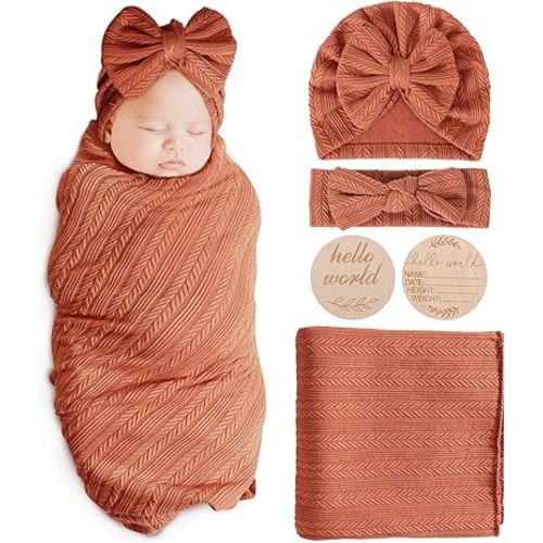 Newborn Receiving Blanket with Bow Hat Headband Wooden Card Set Wheat-Pattern Newborns Toddler Baby Boy Girl Nursery Swaddle Wrap