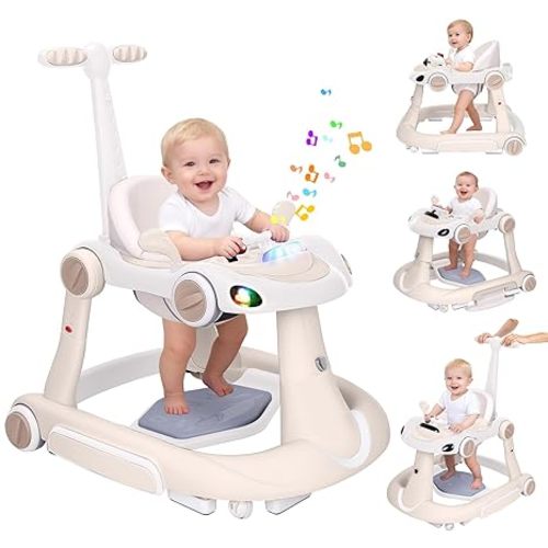 Baby Walker with Wheels, 5-in-1 Foldable Infant Toddler Walker for Boys Girls 6-18 Month, Music Walker for Baby with Car Steering Wheel &Removable Footrest,Baby Push Walker Beige