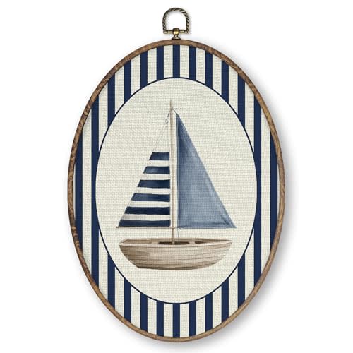 Qskjre Sailboat Nautical Nursery Wall Art Decor, Coastal Boat Oval Wood Framed Canvas Wall Artwork, Navy Blue Striped Ocean Beach Hanging Prints for Home Bedroom Toddler Boys Room Decoration, 8.6x11.4