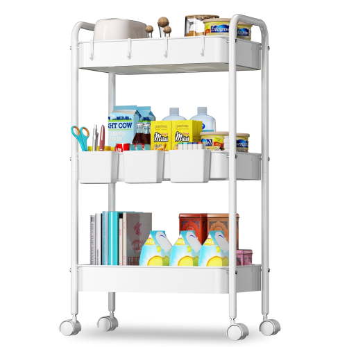 Cshidworld Rolling Trolley Kitchen Storage Carts, with Handle and Lockable Wheels, Iron White