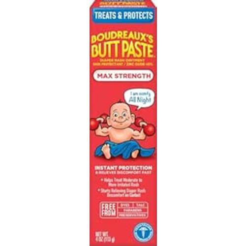 Boudreaux’s Butt Paste Max Strength Diaper Rash Cream for Baby, Ointment With Zinc Oxide, 4 oz Tube