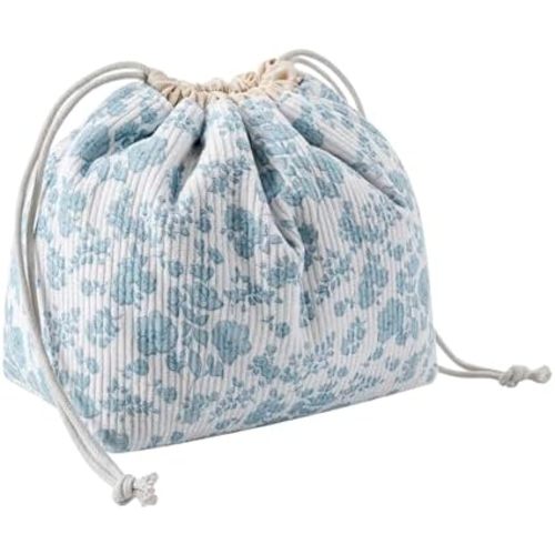 Cute Soft Corduroy Drawstring Makeup Bag with Canvas Lining, Coquette Aesthetic Drawstring Cosmetic with Blue Flower Pattern for Women Girls, Kawaii Travel Makeup Organizer Case(07 LightBlue Flower)