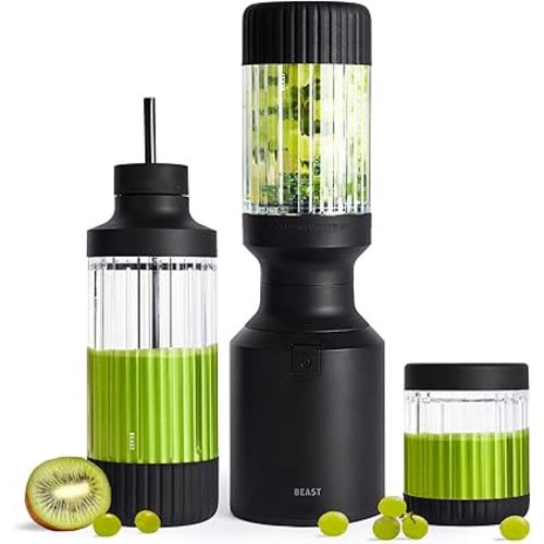 Beast Mighty 850 Plus | Premium Compact Personal Blender | Smoothies, Shakes, Dressings, Sauces | Blends Ice and Frozen Fruit | New XL Vessel | Extra Vessels, Lids and Straws | 850W (Carbon Black)