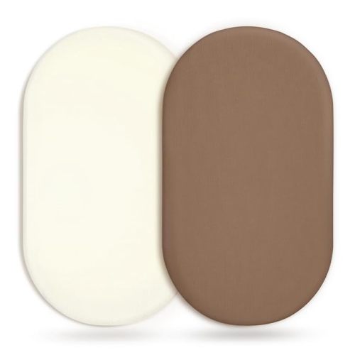 GRSSDER Stretchy Ultra Soft Fitted Bassinet Sheet 2 Pack, Universal Fit for Bassinets Baby Cradle Moses Basket Oval Rectangle Mattress Safe and Snug, Jersey Bassinet Sheets for Baby, Cream & Brown