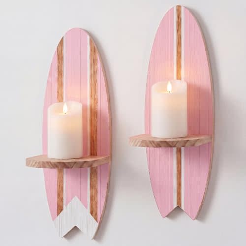 Chumia Surfboard Wall Candle Sconces Set of 2, Wood Surfboard Decoration Coastal Beach Wall Decor, Nautical Candle Holders for Bedroom Living Room Bathroom, Ocean Farmhouse Boho Home Decor(Pink)