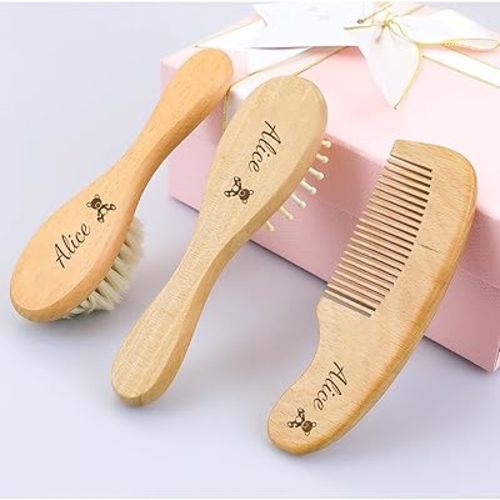 Personalized Wooden Hair Brush Set with Soft Goat Bristles - Toddler Cradle Cap Brush and Newborn Baby Registry Gift