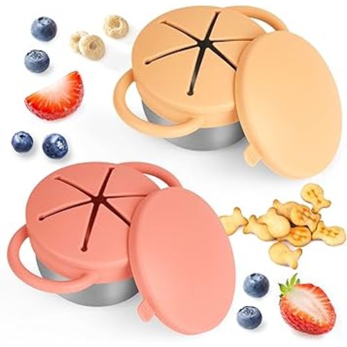 Daximo 2 Pack Snack Cups for Toddlers Spill Proof - Detachable Stainless Steel Toddler Snack Cups with Silicone Lids & Handles - Dishwasher Safe Baby Snack Containers (Orange and Yellow)