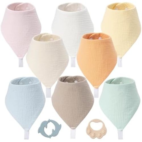 8-Pack Muslin Baby Bibs, 100% Cotton Super Absorbent Baby Bandana Drool Bibs for Drooling & Feeding