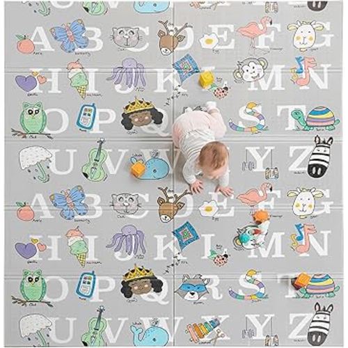 Regalo 77"x71" Extra Large Alphabet Play Mat for Babies and Toddlers, Alphabet Animal and Object Learning Mat, Non-Toxic Waterproof Foam Design, Reversible, Foldable for Easy Storage, Wipe Clean, Gray
