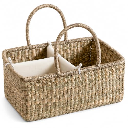 Premium Wicker Baby Diaper Caddy Organizer, Woven Seagrass Basket with Handles, Diaper Basket with Dividers (Rectangle)