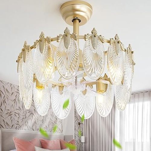 20 Inch Gold Crystal Fandelier Ceiling Fan with Light, Mid Century Gold Fandelier Ceiling Fans with Lights Remote Control, Caged with 6 Speeds for Bedroom, Nursery, Living Room(US-FS-SJ04)