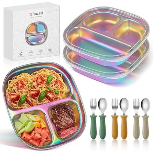 3 Pack Stainless Steel Kids Plates, Stainless Steel Divided Toddler Plate Set with Lids, Spoons and Forks, Non-Slip, Unbreakable, BPA Free - Perfect for Baby, Toddler Meals
