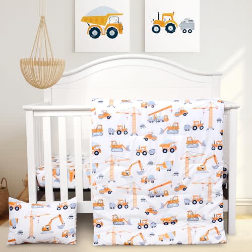 JISEN 3 Piece Crib Bedding Set Soft Baby Crib Bedding Set Construction Trucks Crib Comforter Set - Comforter Sheet Pillowcase Nursery Bedding Sets for Baby Girls or Boys