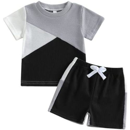 FOCUSNORM Toddler Baby Boy Summer Clothes Waffle Contrast Short Sleeve T-shirt Tops with Elastic Waist Shorts Sets Outfits