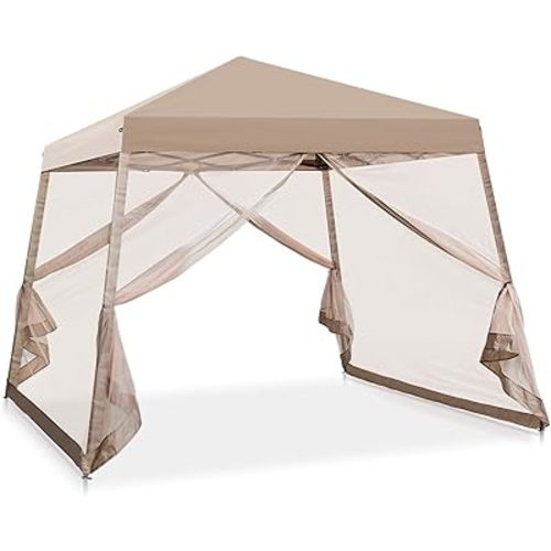 COOS BAY 10x10 Pop Up Canopy Tent with Screen Netting, Slant Leg, Instant Folding Shelter, 64 Sq Ft Shade, One Person Set up, Beige
