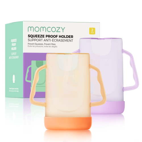 Momcozy Squeeze Pouch Holder for Food Pouches and Drink Boxes, Baby Pouch Holder Allows Baby to Self-feed and Avoid Messes, Baby Food Pouch Holder Handle is Easy to Grip, Comfortable, Violet&Orange