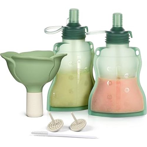 haakaa Fill & Go Yummy Pouch ＆ Flower Funnel Combo - Pea Green Pouch (2pcs) + Spring Green Funnel