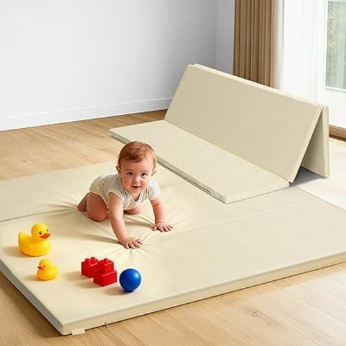 Baby Play Mat, 48 x 48 Inch Foldable PU Leather Waterproof Playpen Mat, 1.6" Extra Thick Foam Floor Mat for Infants and Toddlers, Non-slip Toddler Activity Playmat Cushion, Beige