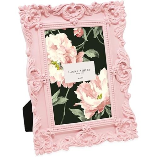 Laura Ashley 4x6 Pink Ornate Textured Hand-Crafted Resin Picture Frame with Easel & Hook for Tabletop & Wall Display, Decorative Floral Design Home Décor, Photo Gallery, Art, More (4x6, Pink)
